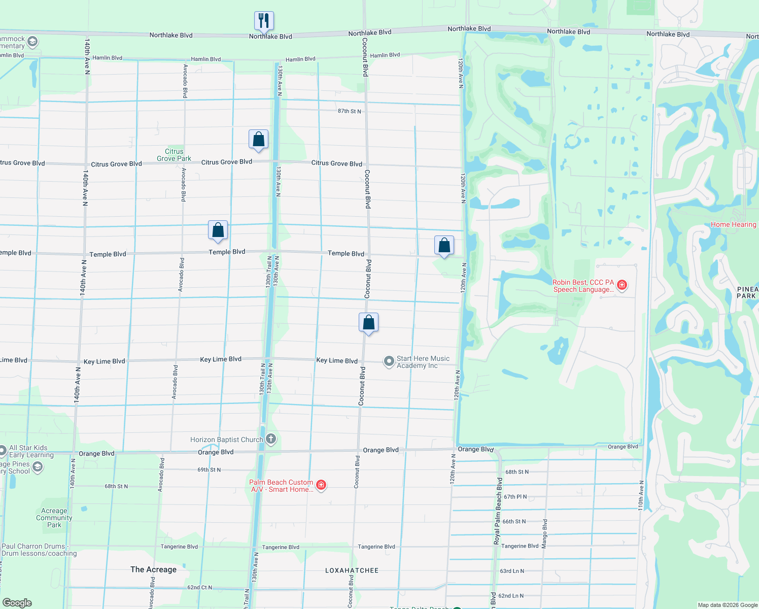map of restaurants, bars, coffee shops, grocery stores, and more near 12459 77th Pl N in West Palm Beach