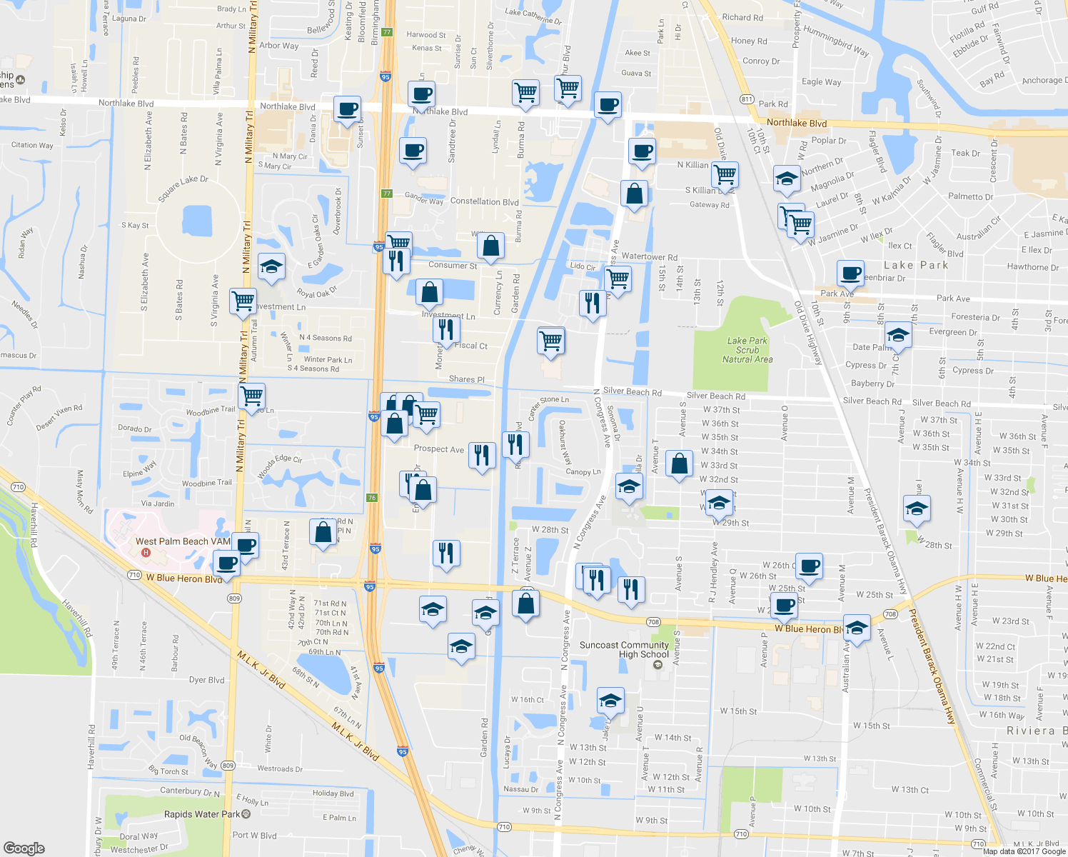map of restaurants, bars, coffee shops, grocery stores, and more near 1060 Centre Stone Lane in Riviera Beach