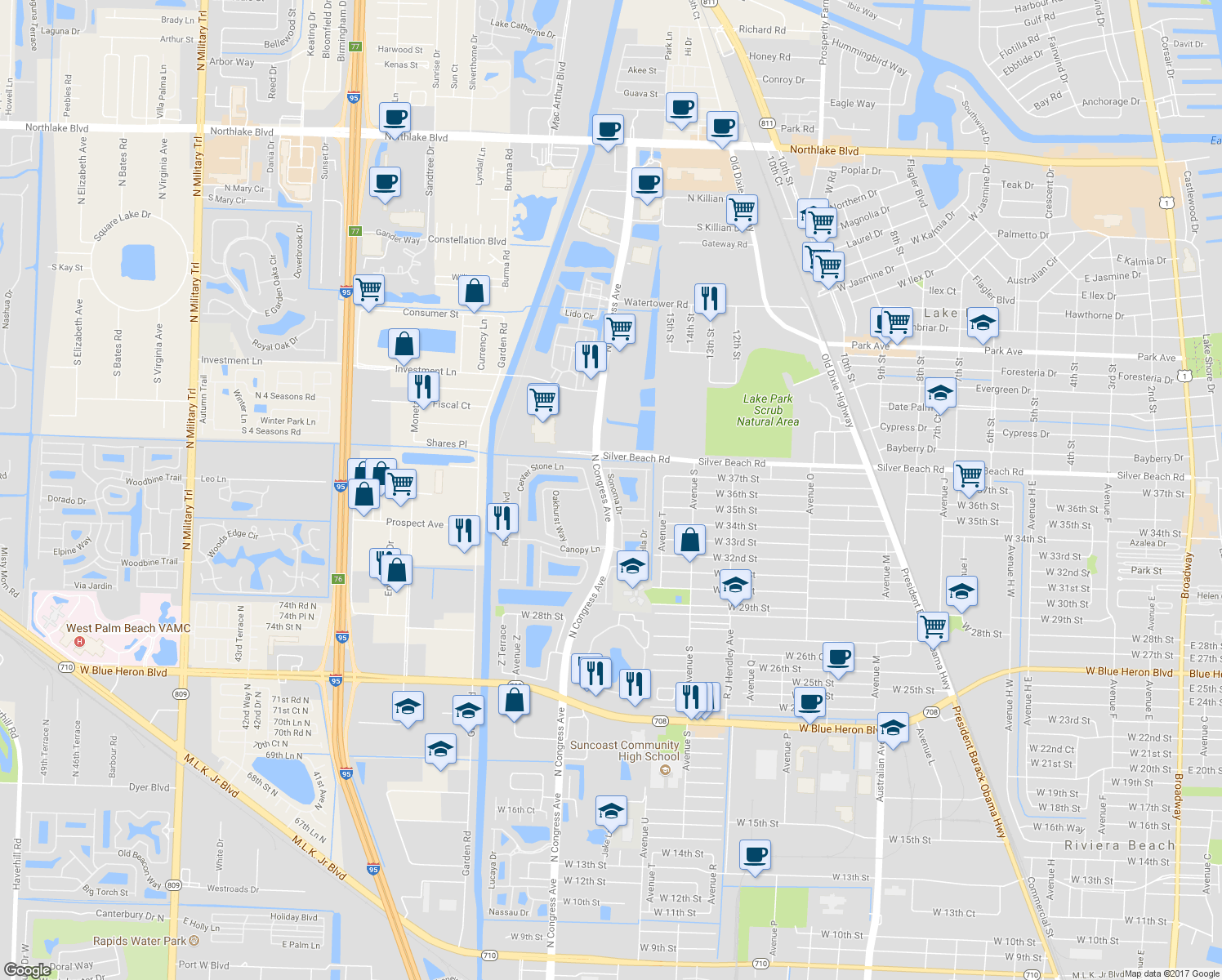 map of restaurants, bars, coffee shops, grocery stores, and more near 3621 Sonoma Drive in Riviera Beach