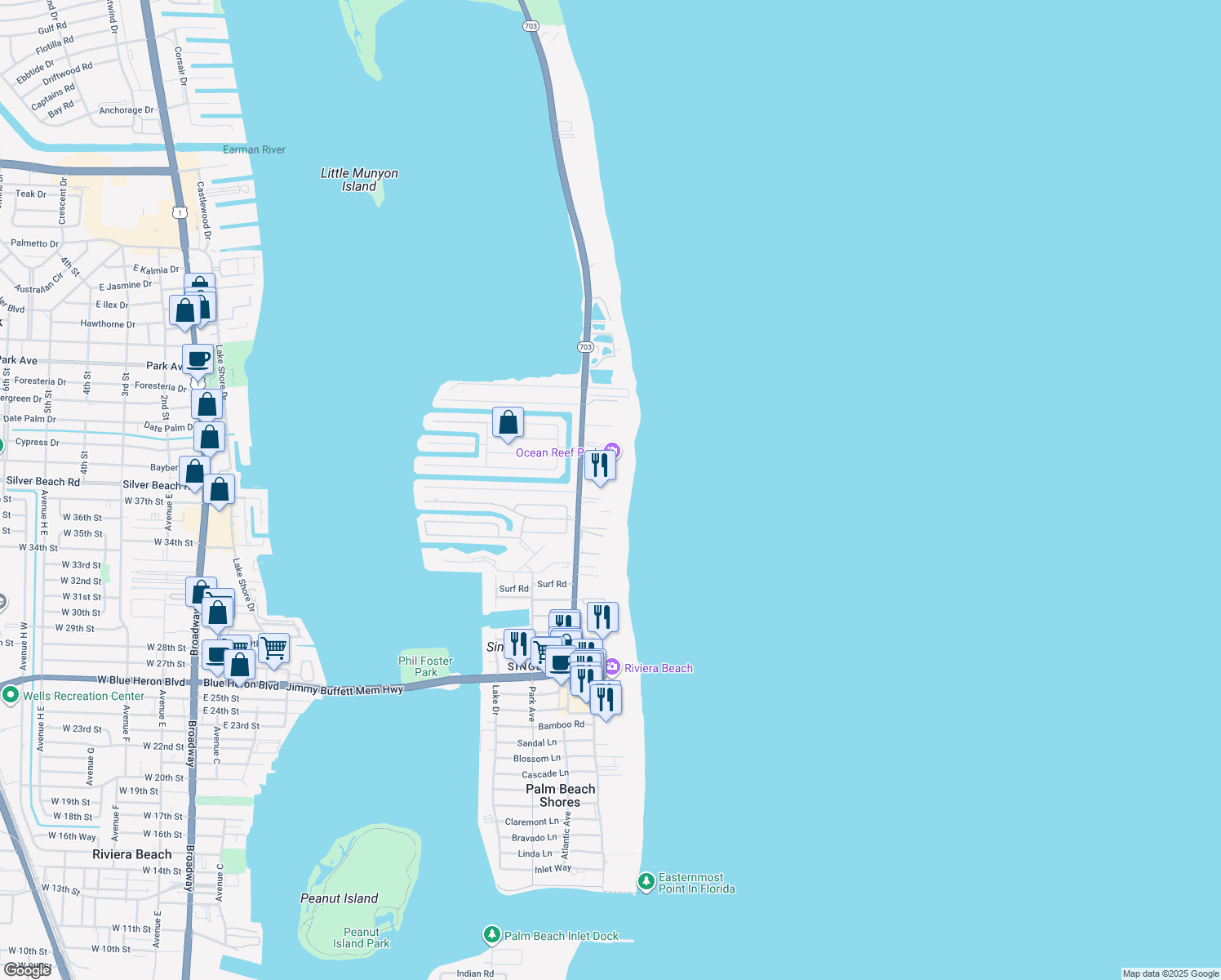 map of restaurants, bars, coffee shops, grocery stores, and more near 3800 North Ocean Drive in Riviera Beach