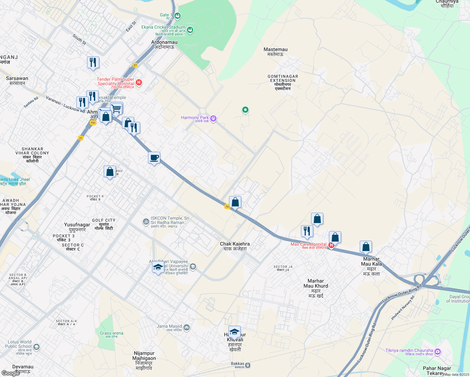 map of restaurants, bars, coffee shops, grocery stores, and more near in Lucknow