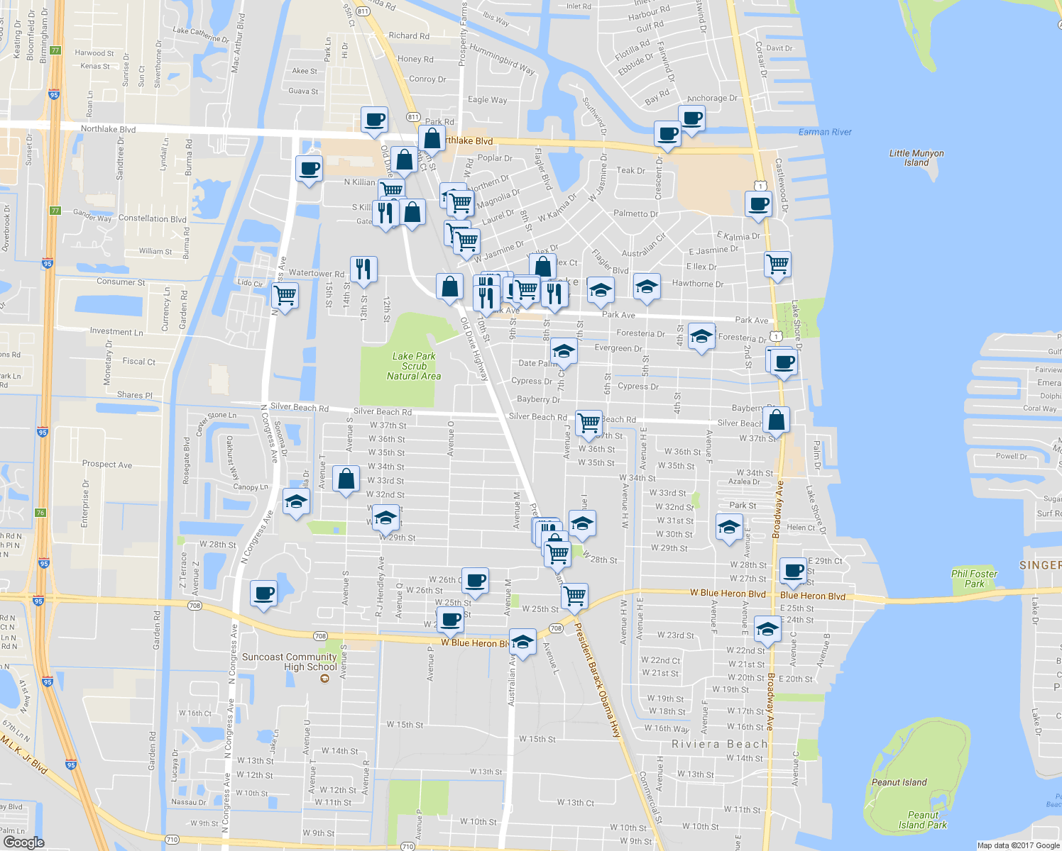 map of restaurants, bars, coffee shops, grocery stores, and more near 3709 Avenue K in West Palm Beach