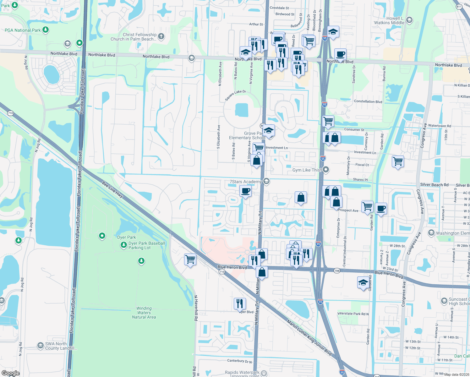 map of restaurants, bars, coffee shops, grocery stores, and more near 2001 Bonisle Circle in Riviera Beach