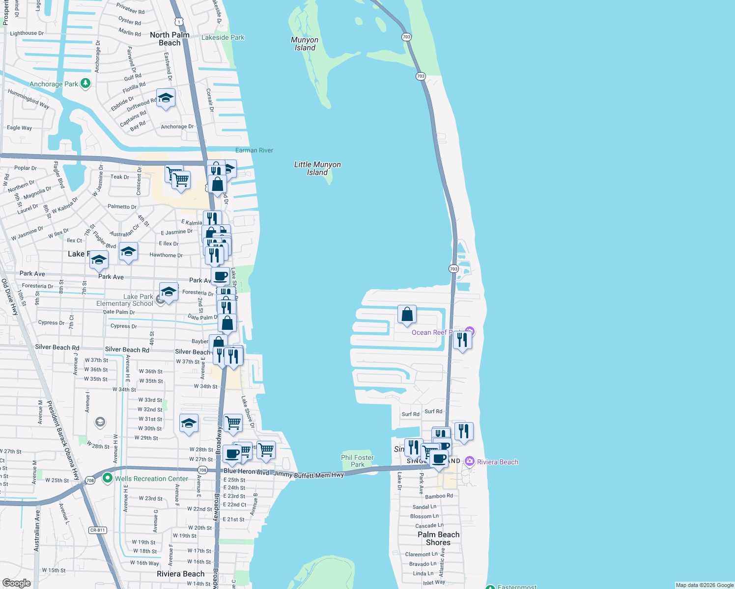 map of restaurants, bars, coffee shops, grocery stores, and more near 1010 Pine Point Road in West Palm Beach