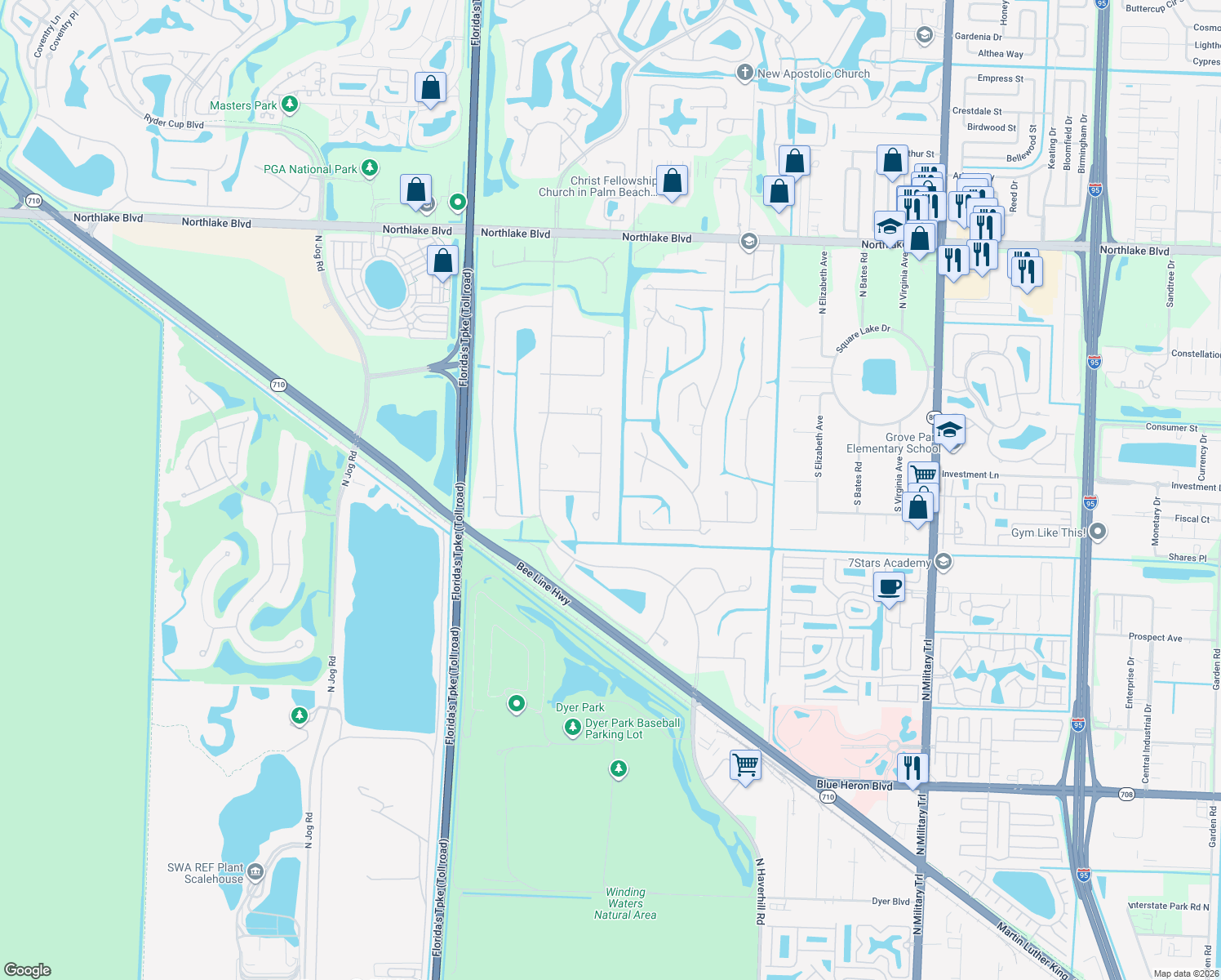 map of restaurants, bars, coffee shops, grocery stores, and more near 8226 Native Dancer Road East in Palm Beach Gardens
