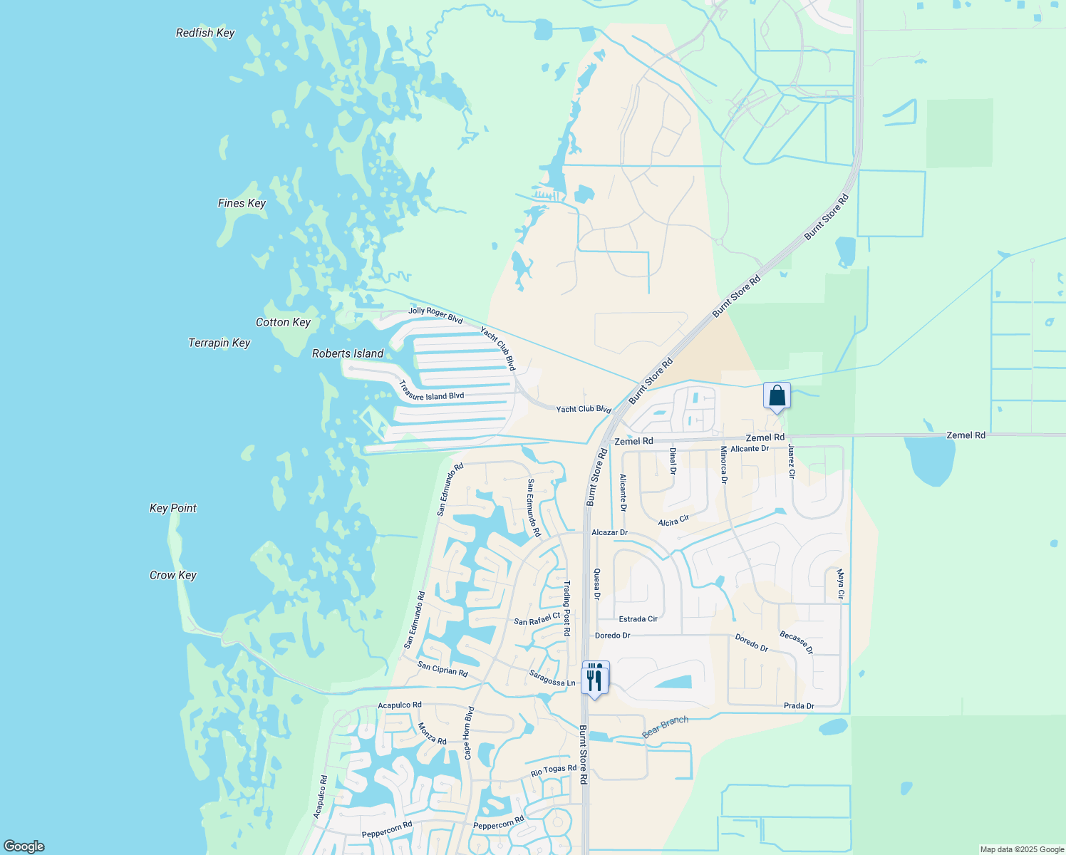 map of restaurants, bars, coffee shops, grocery stores, and more near 24511 Yacht Club Boulevard in Punta Gorda