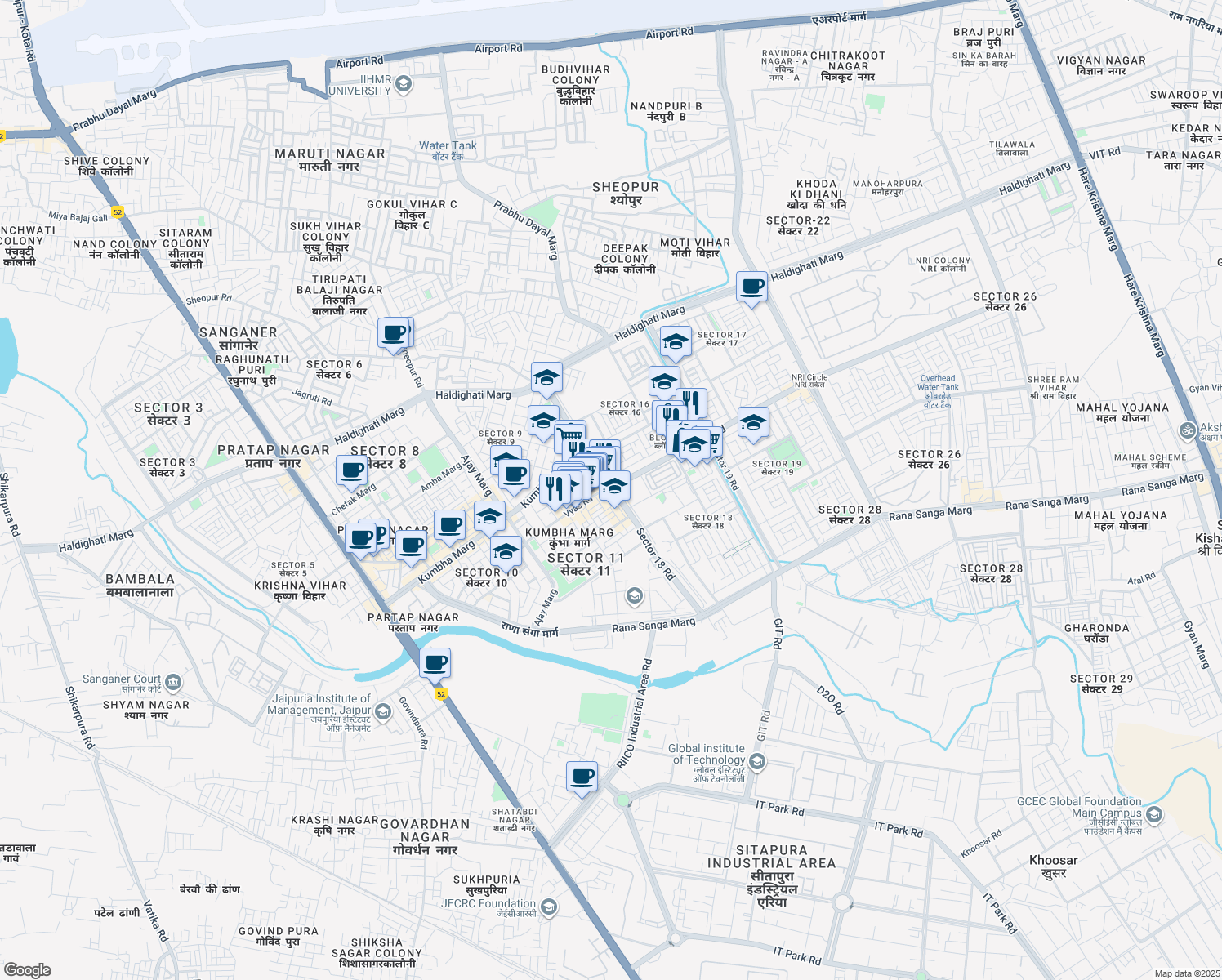 map of restaurants, bars, coffee shops, grocery stores, and more near in Jaipur