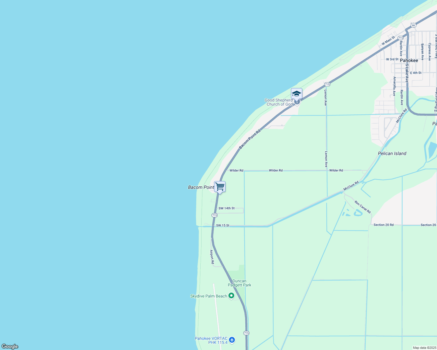 map of restaurants, bars, coffee shops, grocery stores, and more near 2891 Bacom Point Road in Pahokee