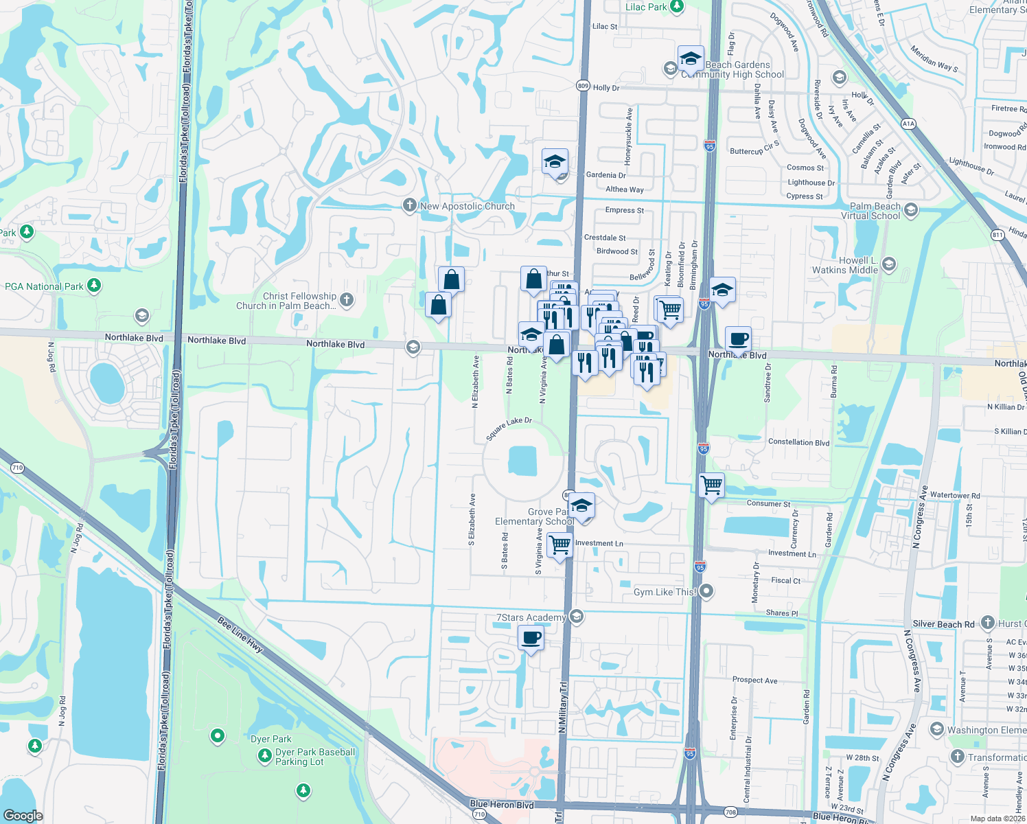 map of restaurants, bars, coffee shops, grocery stores, and more near 4731 Square Lake Drive in Palm Beach Gardens