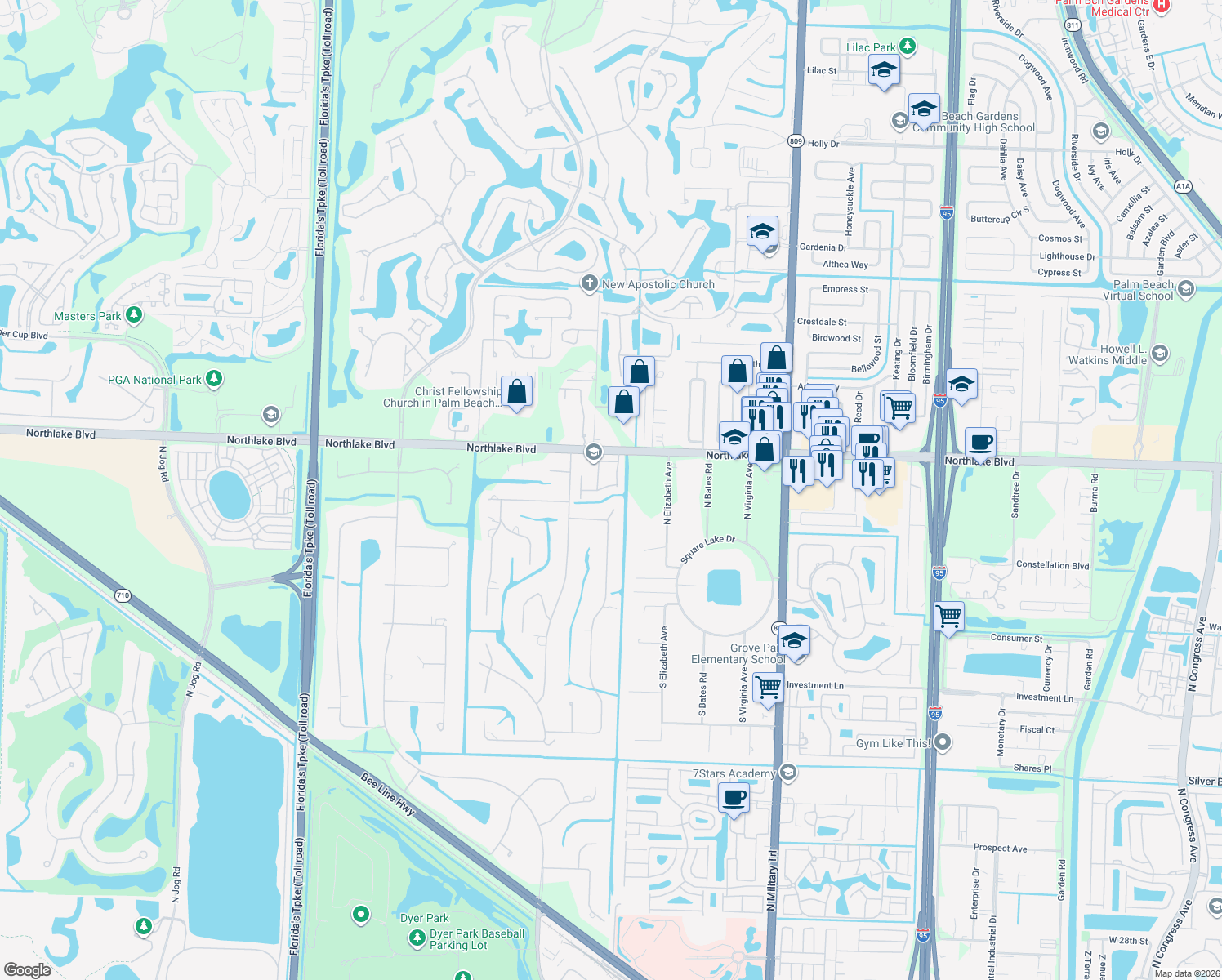 map of restaurants, bars, coffee shops, grocery stores, and more near 112 Hidden Hollow Drive in Palm Beach Gardens