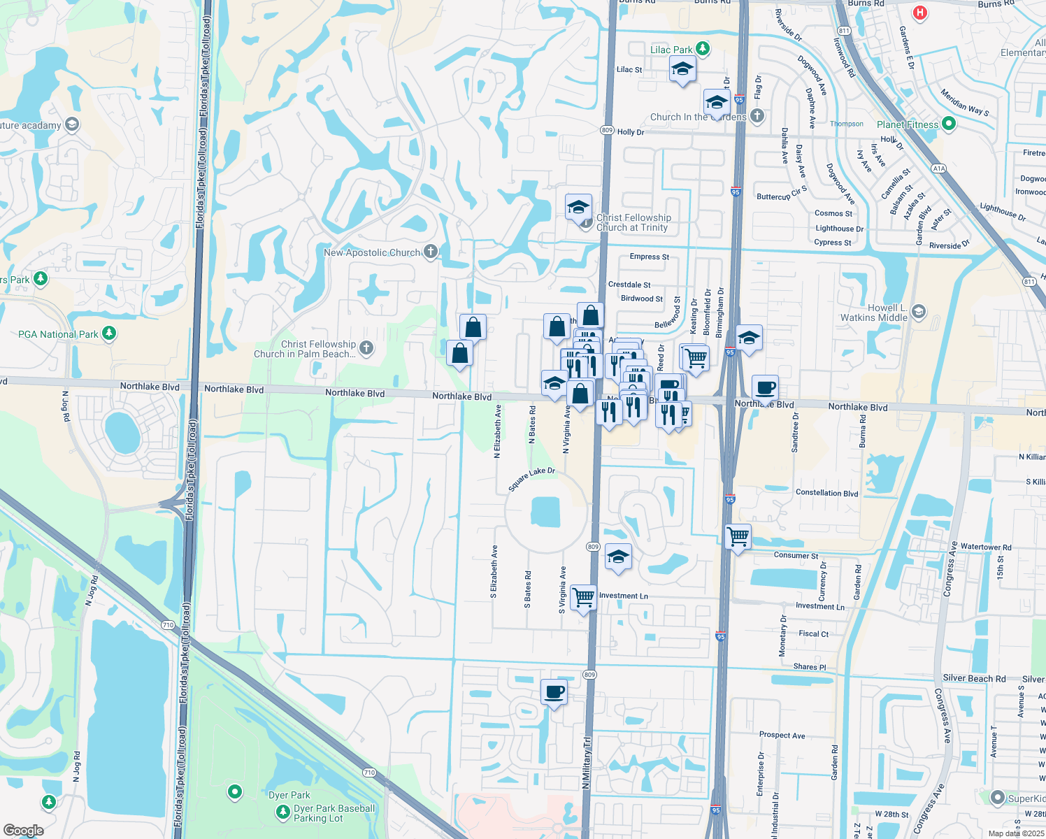 map of restaurants, bars, coffee shops, grocery stores, and more near 8902 North Bates Road in Palm Beach Gardens