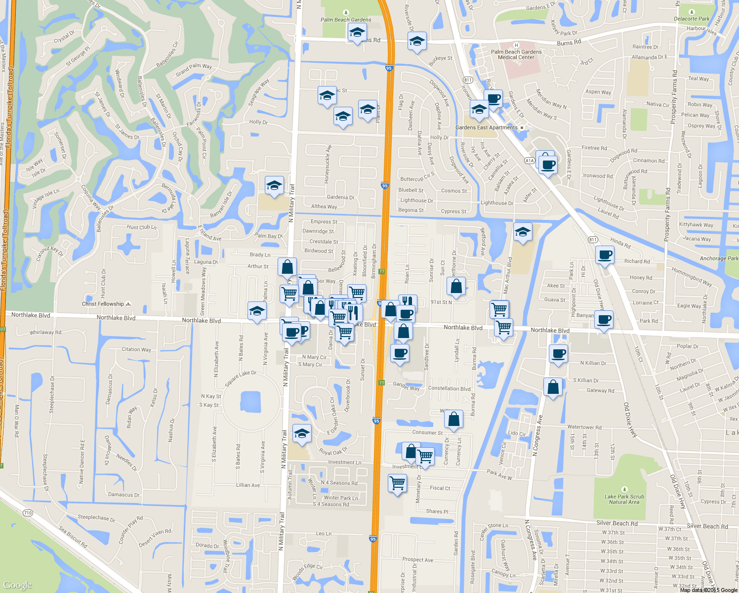 map of restaurants, bars, coffee shops, grocery stores, and more near 9141 Birmingham Drive in Palm Beach Gardens