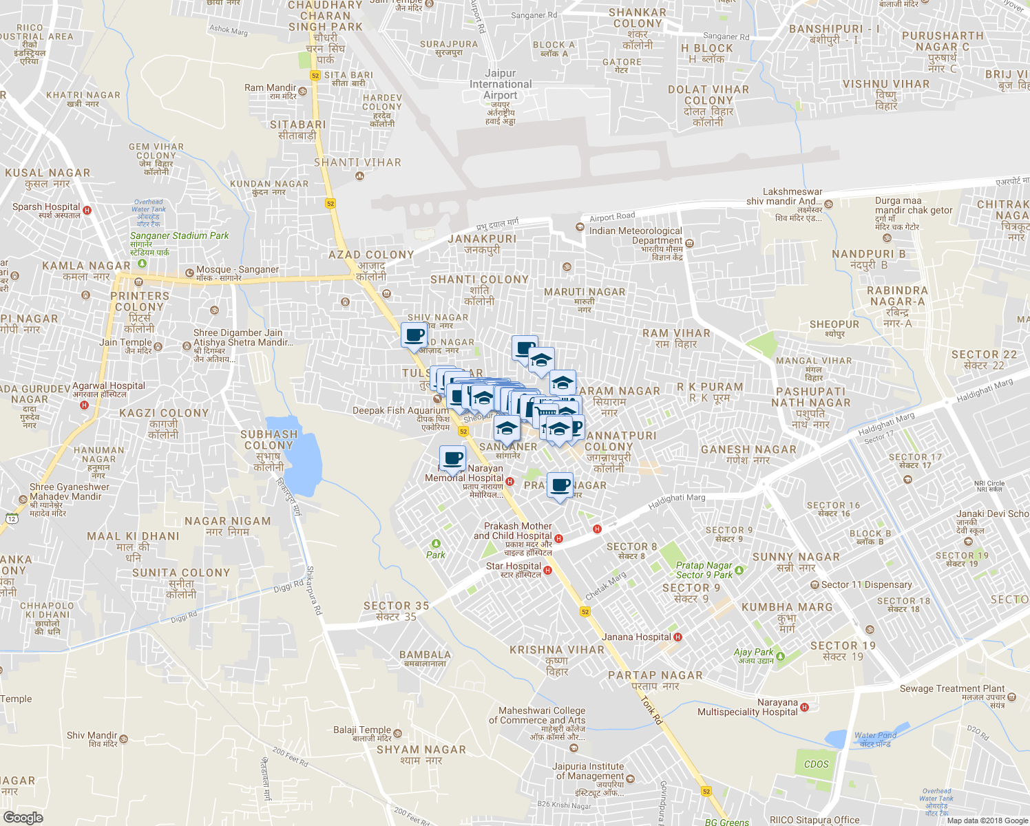 map of restaurants, bars, coffee shops, grocery stores, and more near pratap nagar Tonk Road in Jaipur