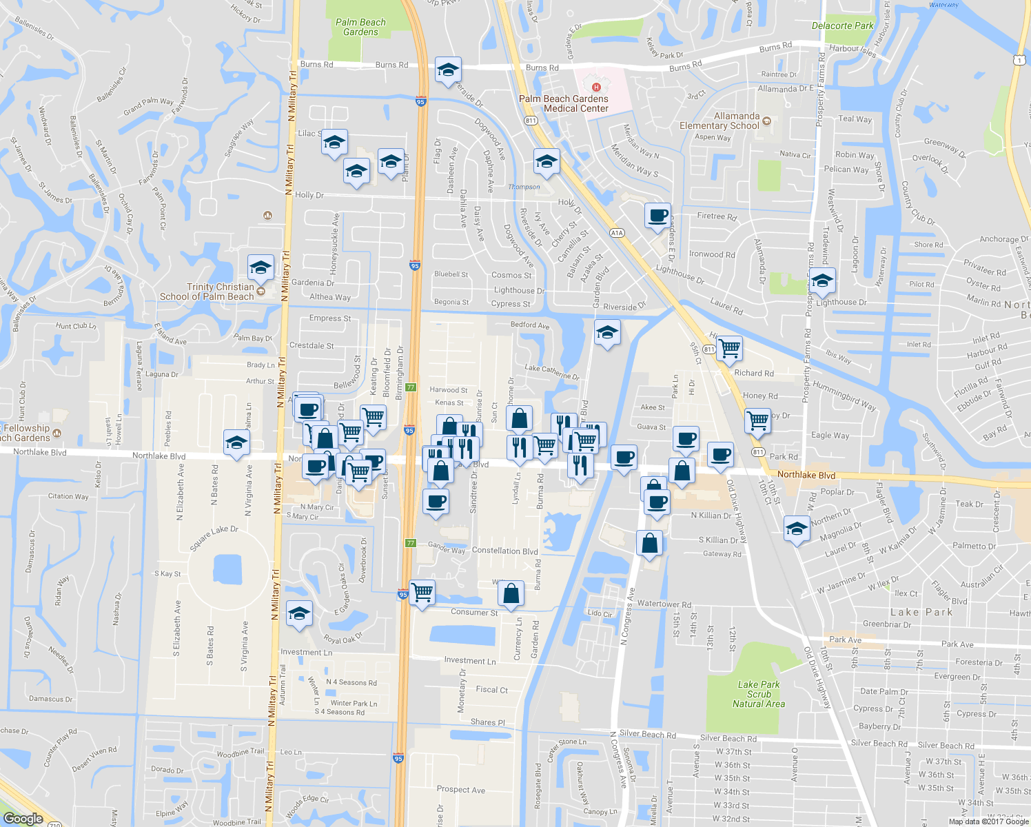 map of restaurants, bars, coffee shops, grocery stores, and more near 9229 Sun Terrace Circle in Palm Beach Gardens