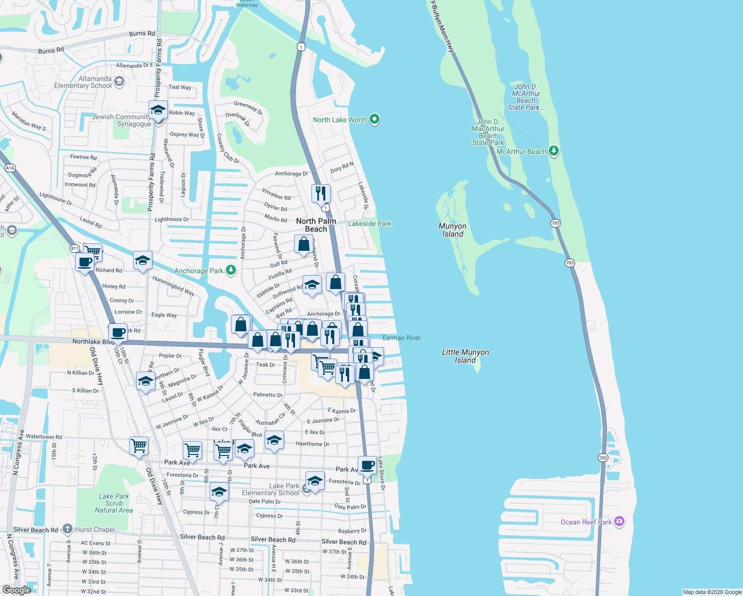 map of restaurants, bars, coffee shops, grocery stores, and more near 130 Bowsprit Drive in North Palm Beach
