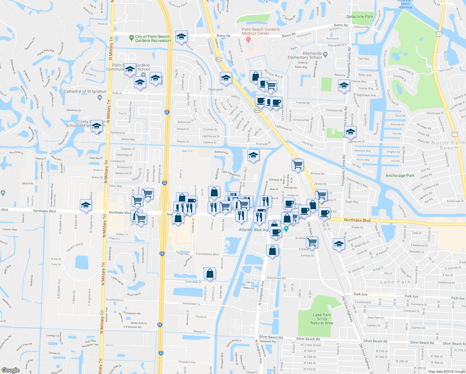 map of restaurants, bars, coffee shops, grocery stores, and more near 1904 Appleton Court in Palm Beach Gardens