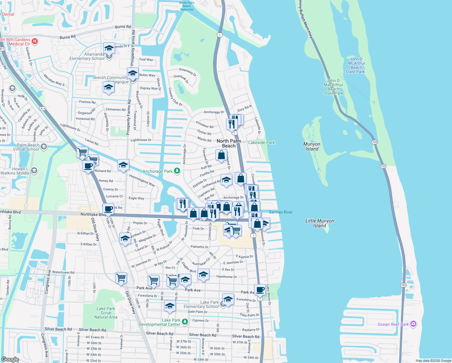 map of restaurants, bars, coffee shops, grocery stores, and more near 408 Driftwood Road in North Palm Beach