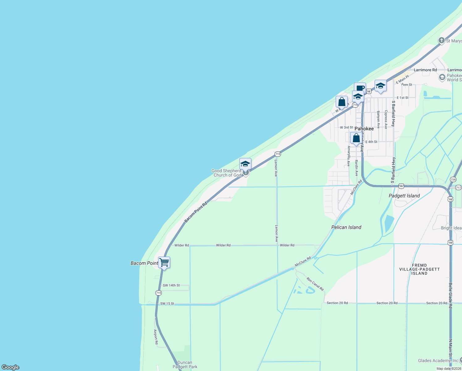 map of restaurants, bars, coffee shops, grocery stores, and more near 2020 Bacom Point Road in Pahokee