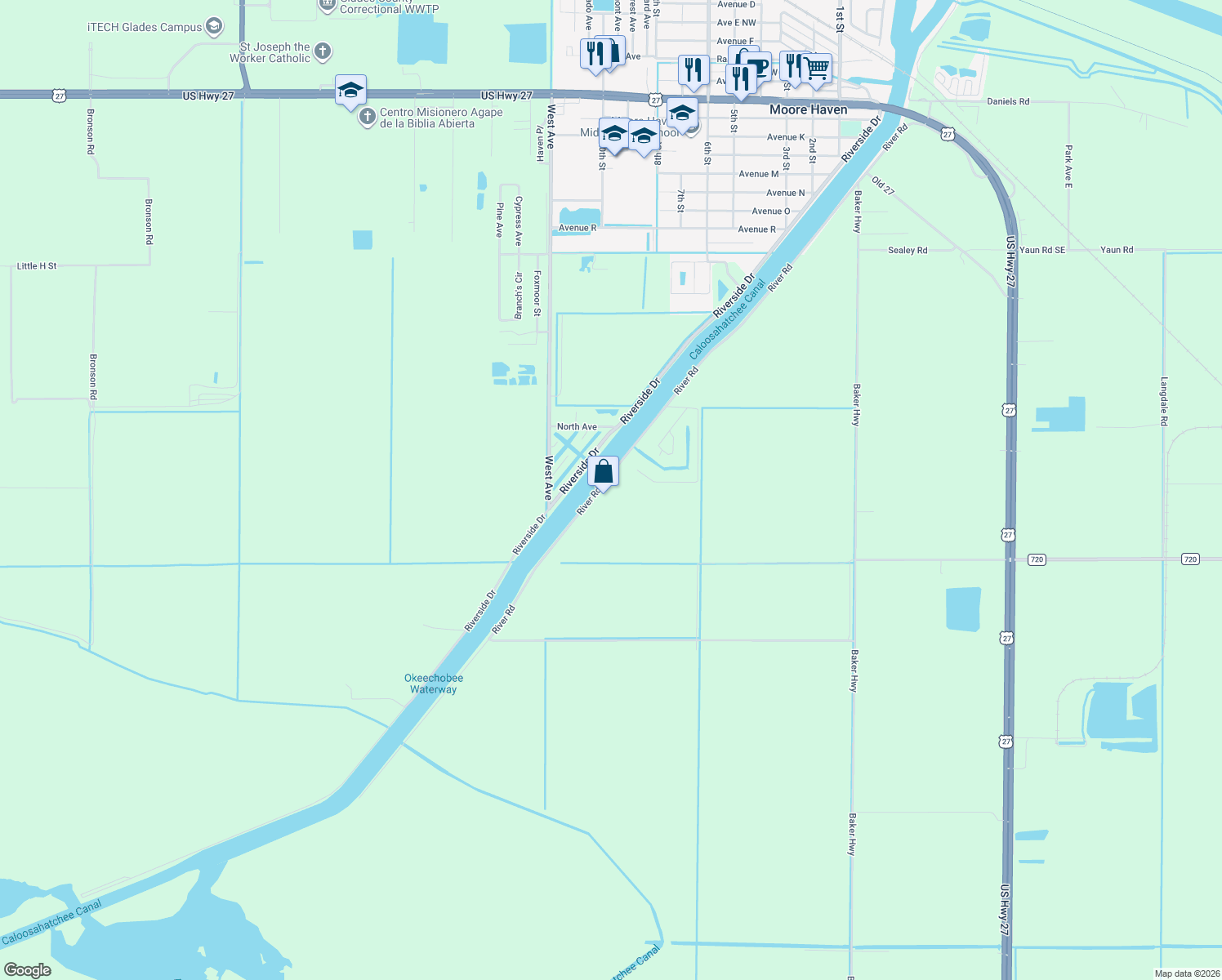 map of restaurants, bars, coffee shops, grocery stores, and more near 2587 River Road in Moore Haven