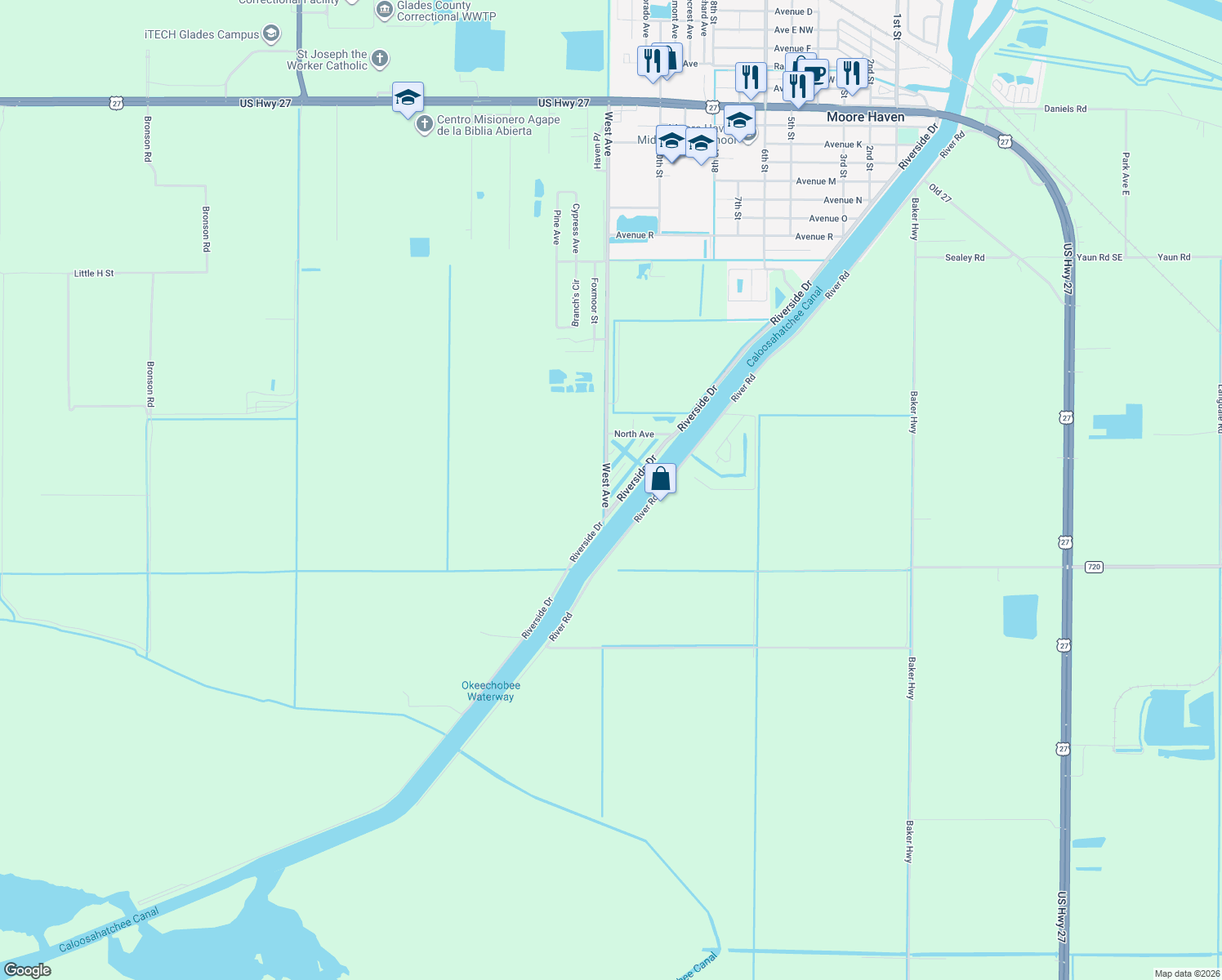 map of restaurants, bars, coffee shops, grocery stores, and more near 1014 Gulf Street Southwest in Moore Haven
