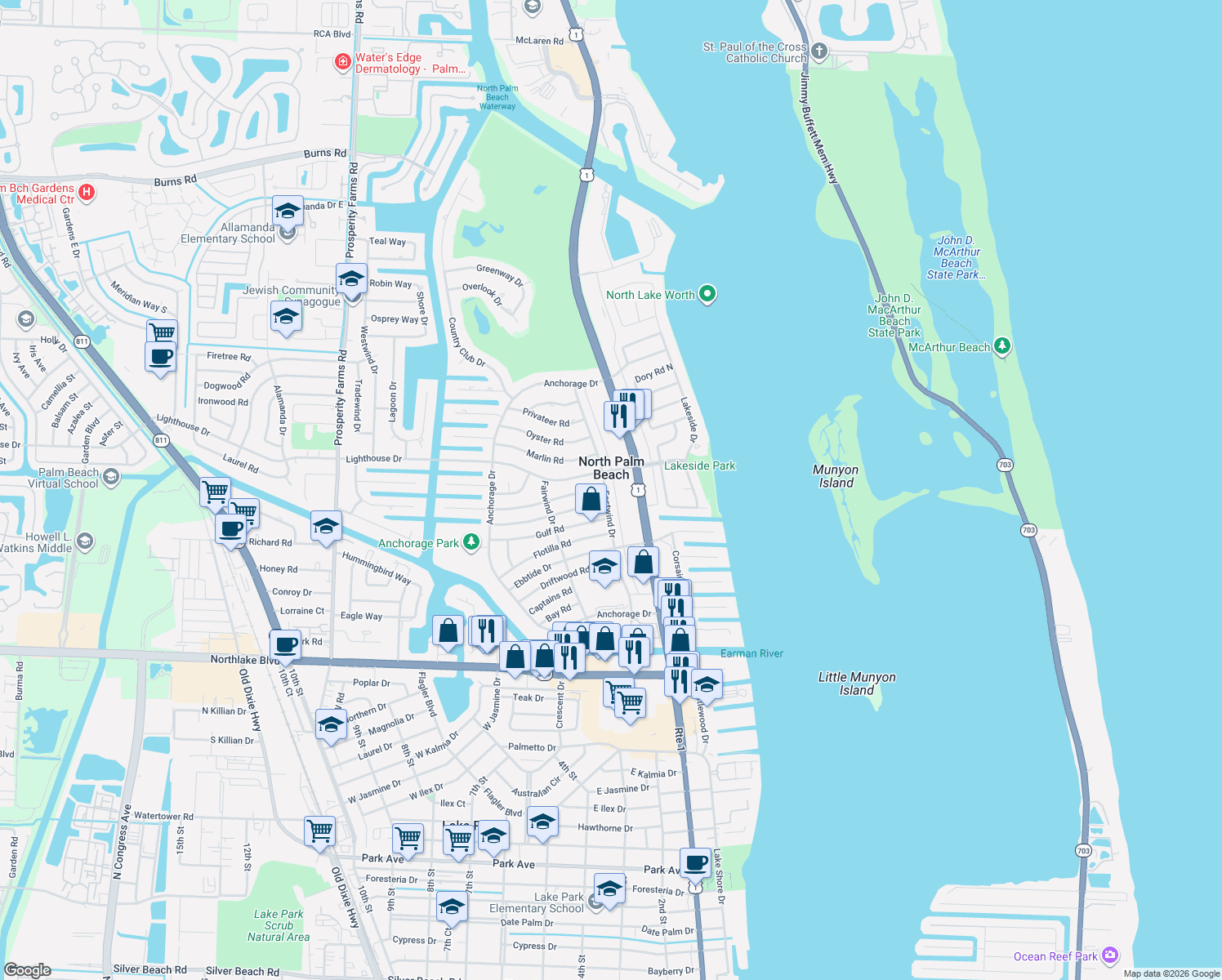 map of restaurants, bars, coffee shops, grocery stores, and more near 648 Eastwind Drive in North Palm Beach