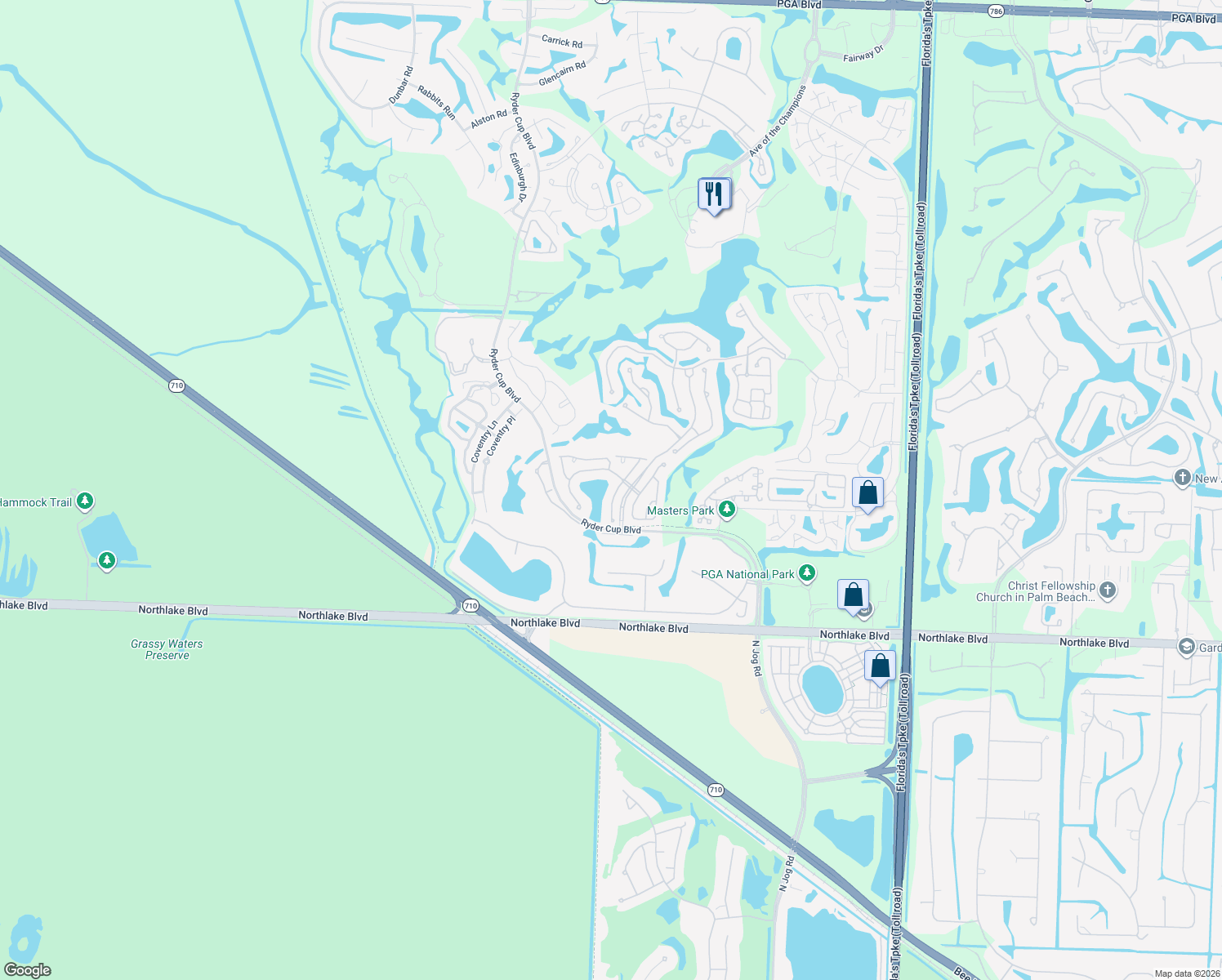 map of restaurants, bars, coffee shops, grocery stores, and more near 122 Eagleton Lane in Palm Beach Gardens