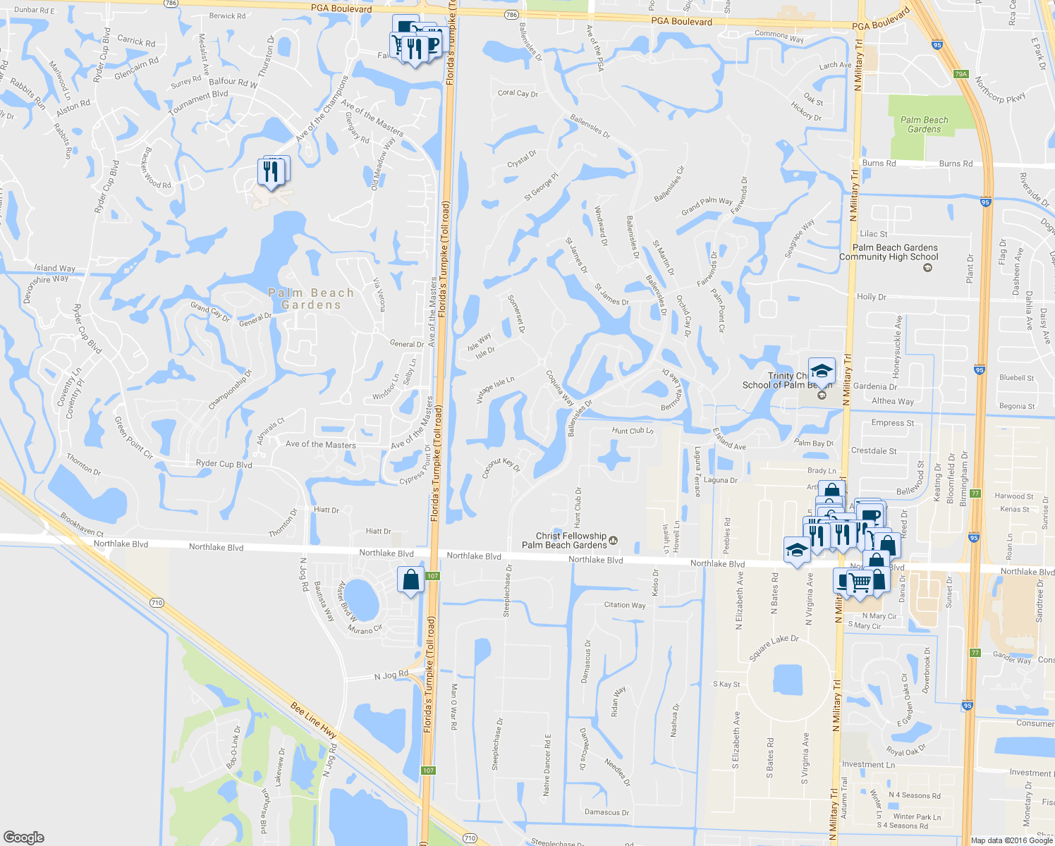 map of restaurants, bars, coffee shops, grocery stores, and more near 142 Sunset Bay Drive in Palm Beach Gardens