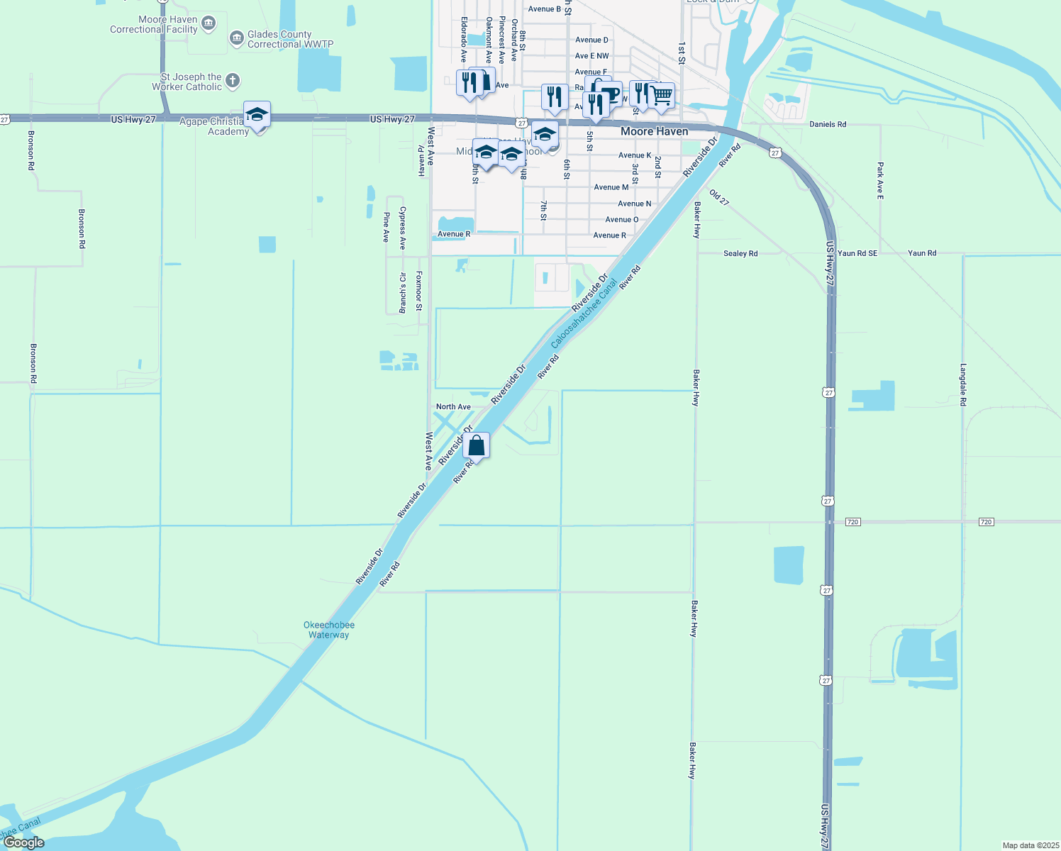 map of restaurants, bars, coffee shops, grocery stores, and more near 1038 Aster Avenue in Moore Haven
