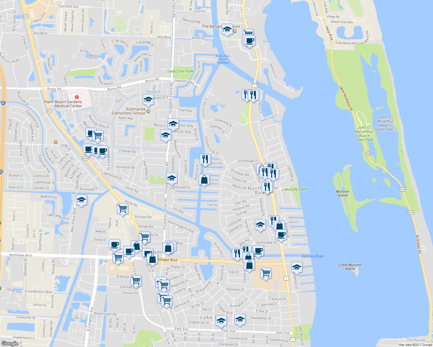 map of restaurants, bars, coffee shops, grocery stores, and more near 618 Riverside Road in North Palm Beach