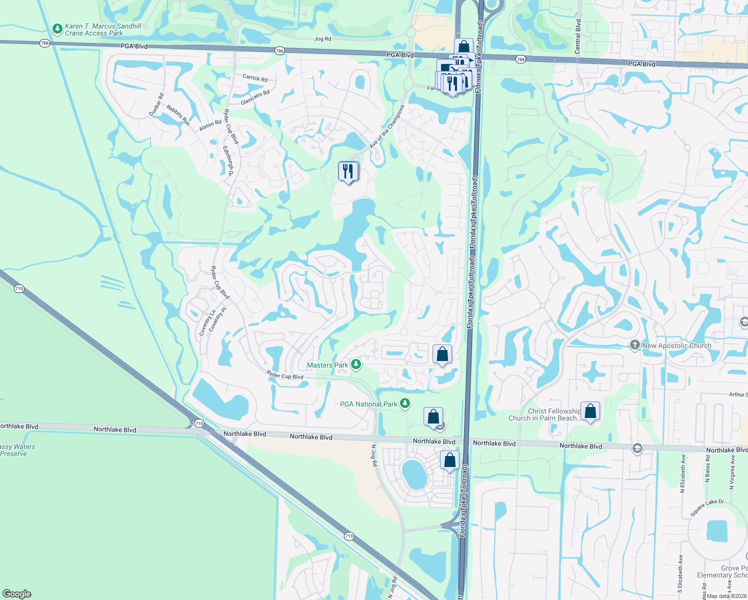 map of restaurants, bars, coffee shops, grocery stores, and more near 159 Spyglass Way in Palm Beach Gardens