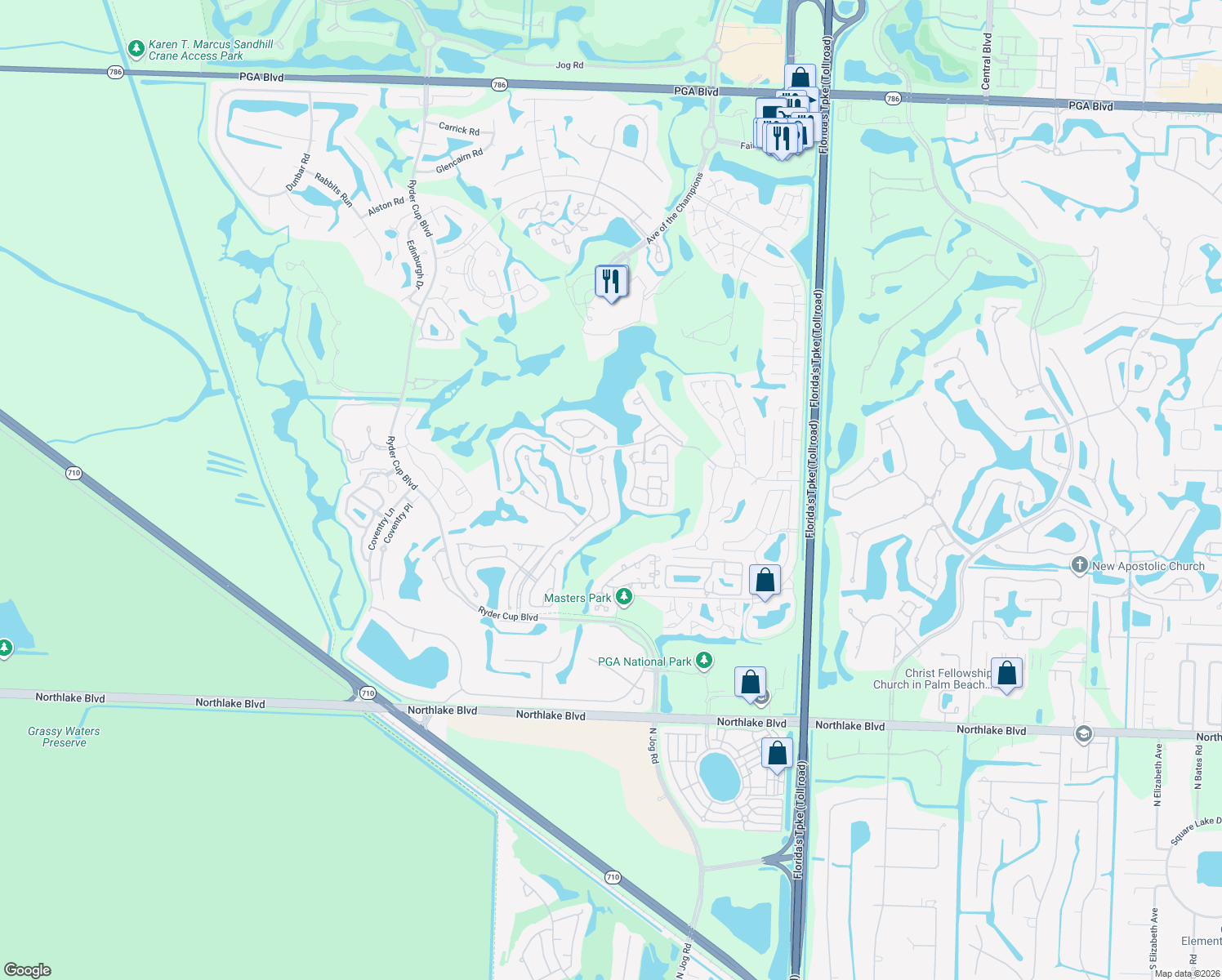 map of restaurants, bars, coffee shops, grocery stores, and more near 629 Masters Way in Palm Beach Gardens