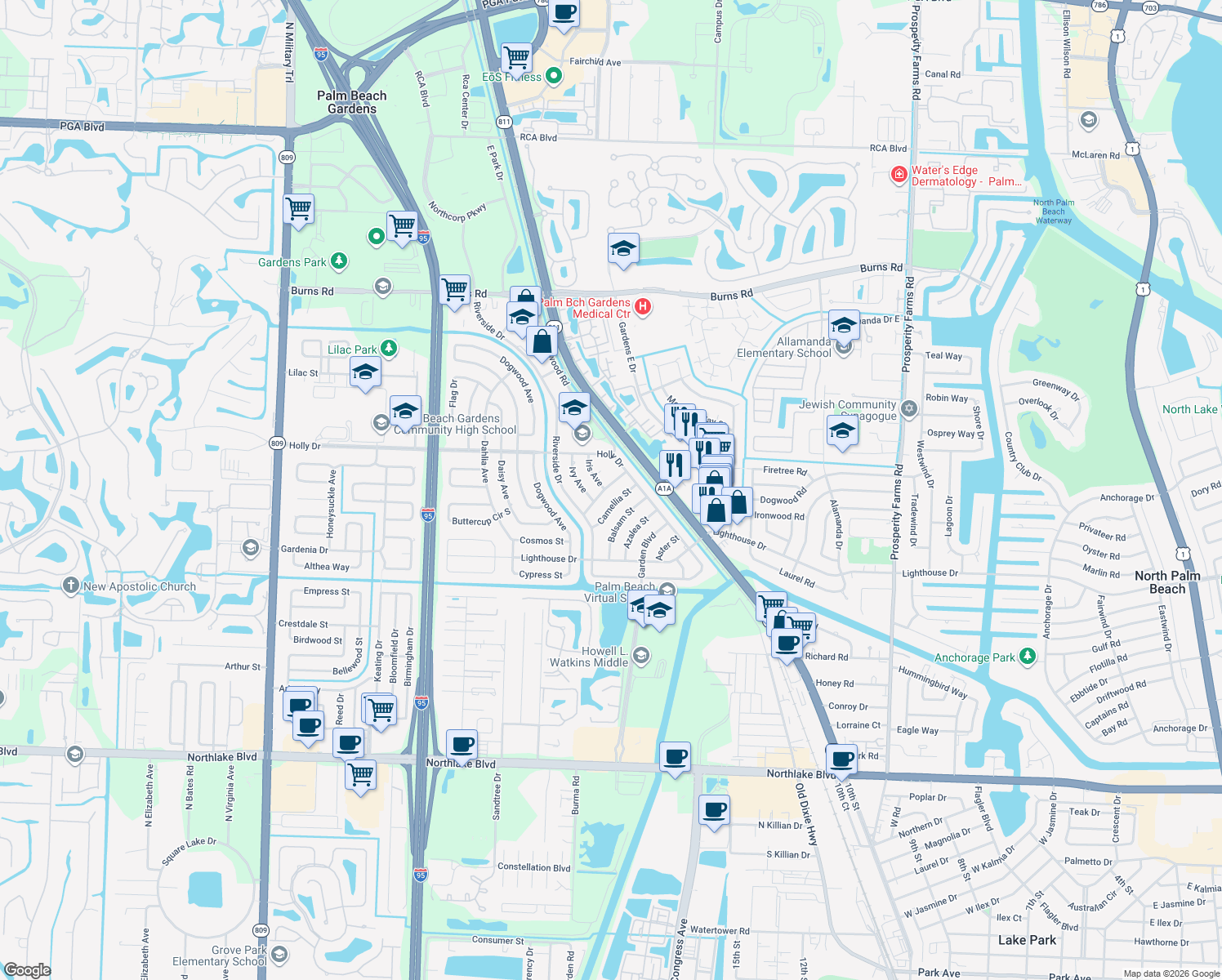 map of restaurants, bars, coffee shops, grocery stores, and more near 284 Cherry Street in Palm Beach Gardens