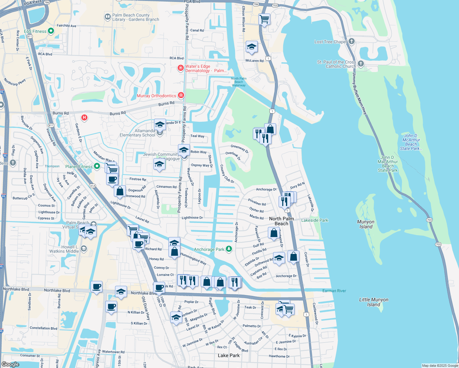 map of restaurants, bars, coffee shops, grocery stores, and more near 835 Country Club Drive in North Palm Beach