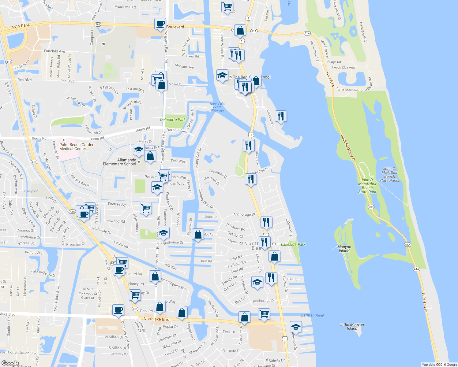 map of restaurants, bars, coffee shops, grocery stores, and more near 509 Greenway Drive in North Palm Beach