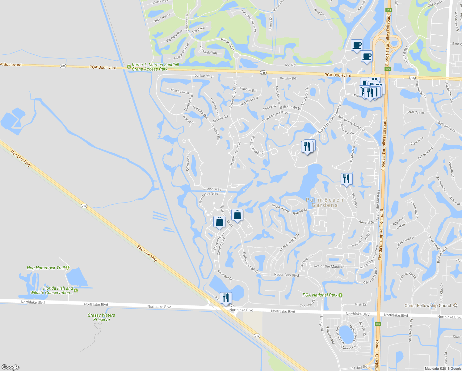 map of restaurants, bars, coffee shops, grocery stores, and more near 105 Ryder Cup Circle South in Palm Beach Gardens