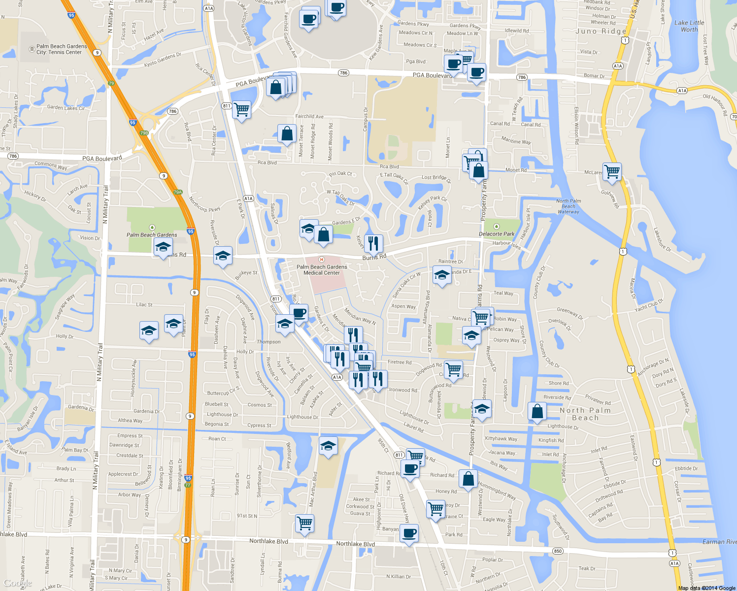 map of restaurants, bars, coffee shops, grocery stores, and more near 1020 10th Court in Palm Beach Gardens