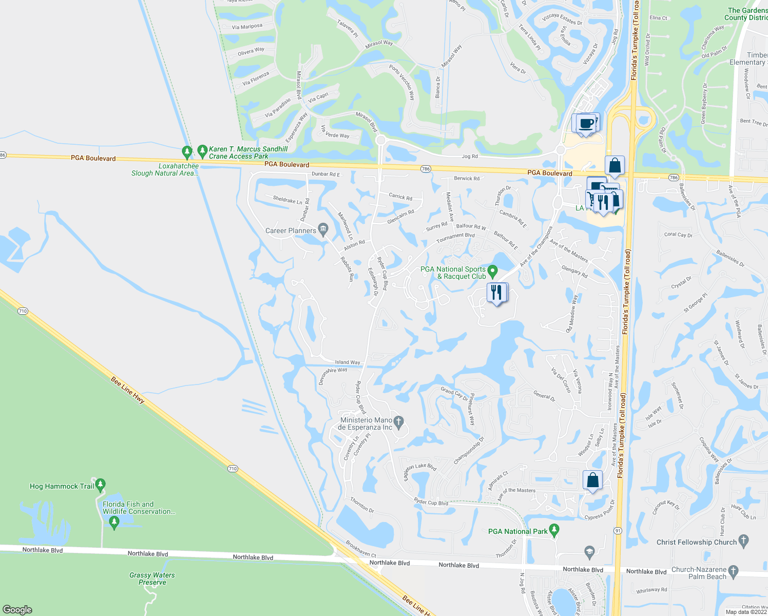map of restaurants, bars, coffee shops, grocery stores, and more near 222 Legendary Circle in Palm Beach Gardens