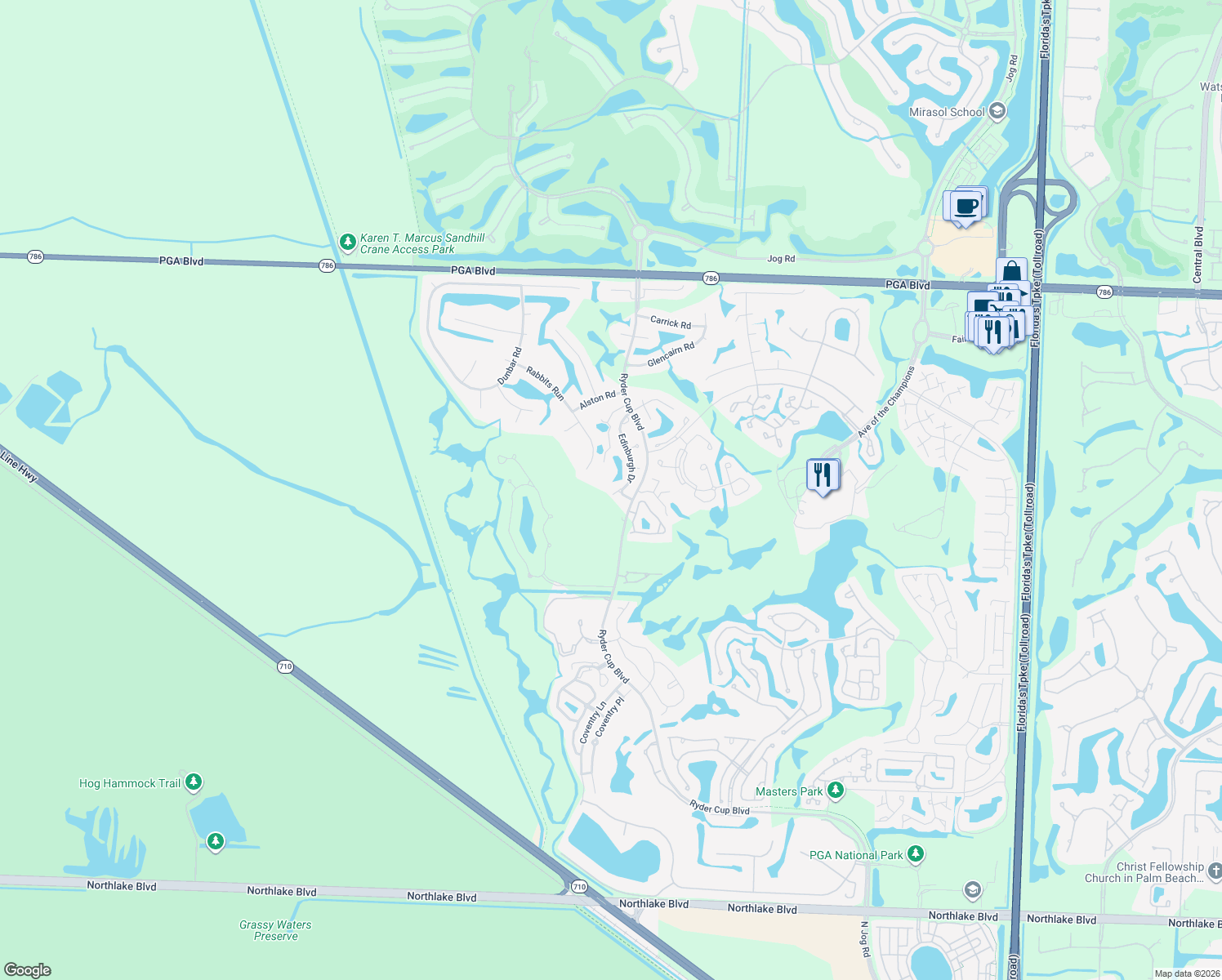 map of restaurants, bars, coffee shops, grocery stores, and more near 39 Edinburgh Drive in Palm Beach Gardens