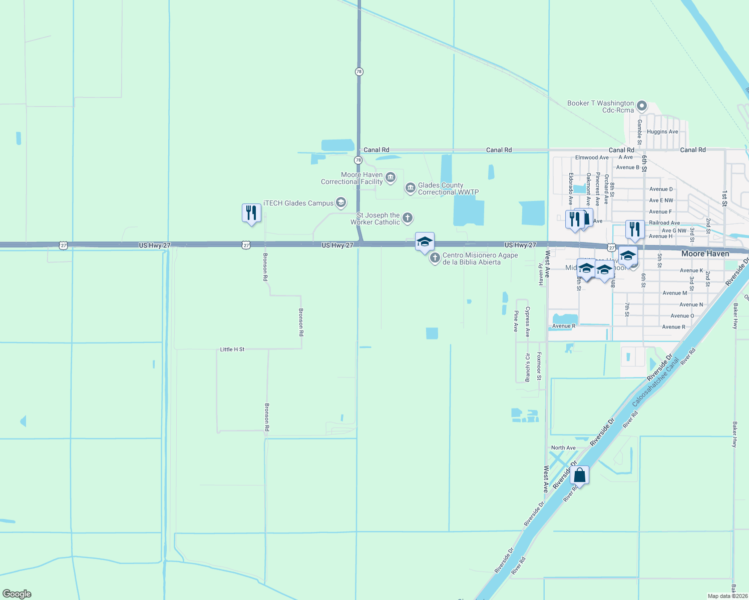 map of restaurants, bars, coffee shops, grocery stores, and more near 1314 Rodeo Road in Moore Haven