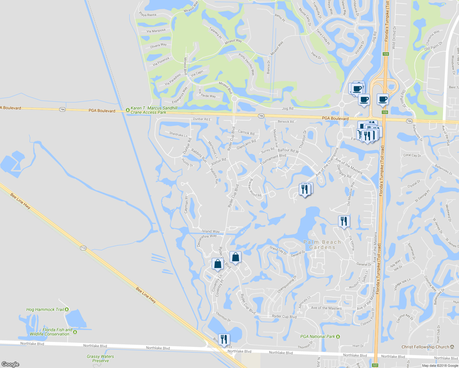 map of restaurants, bars, coffee shops, grocery stores, and more near 24 Edinburgh Drive in Palm Beach Gardens