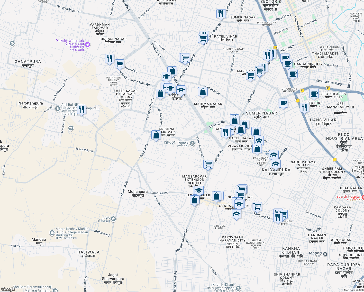 map of restaurants, bars, coffee shops, grocery stores, and more near Muhana Mandi Road in Jaipur