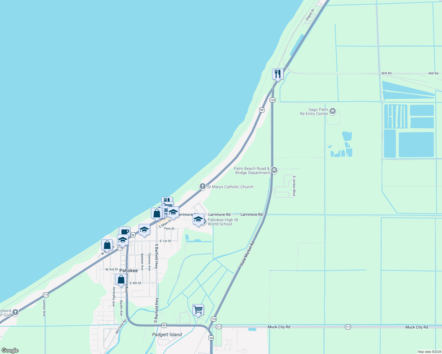 map of restaurants, bars, coffee shops, grocery stores, and more near 1548 East Main Street in Pahokee