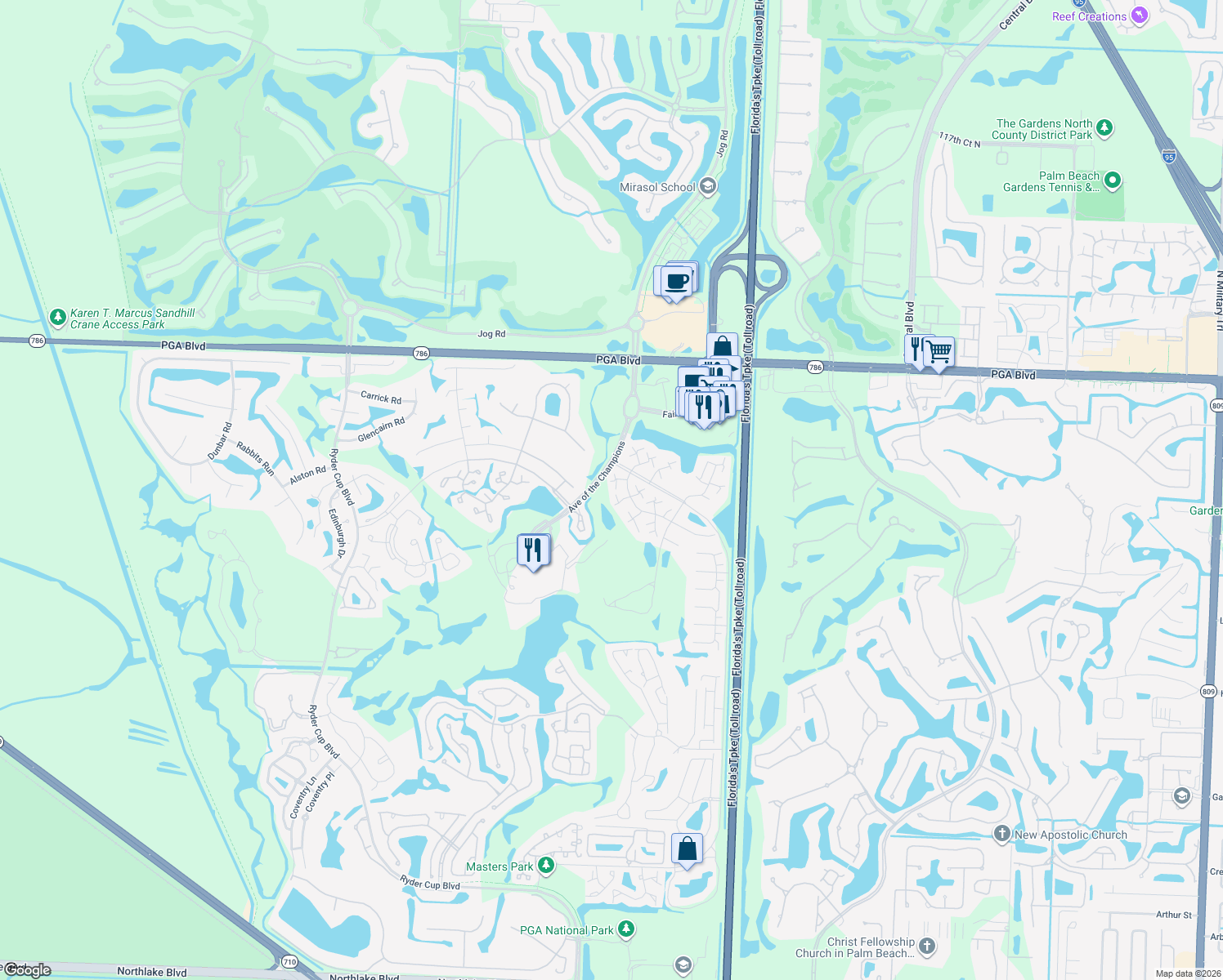 map of restaurants, bars, coffee shops, grocery stores, and more near 1608 16th Terrace in Palm Beach Gardens