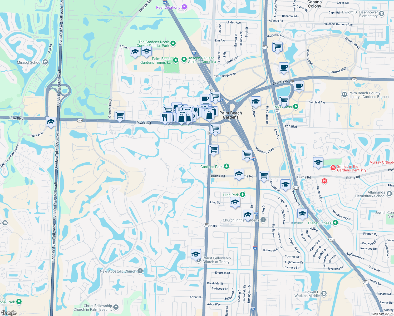 map of restaurants, bars, coffee shops, grocery stores, and more near 4125 Hickory Drive in Palm Beach Gardens