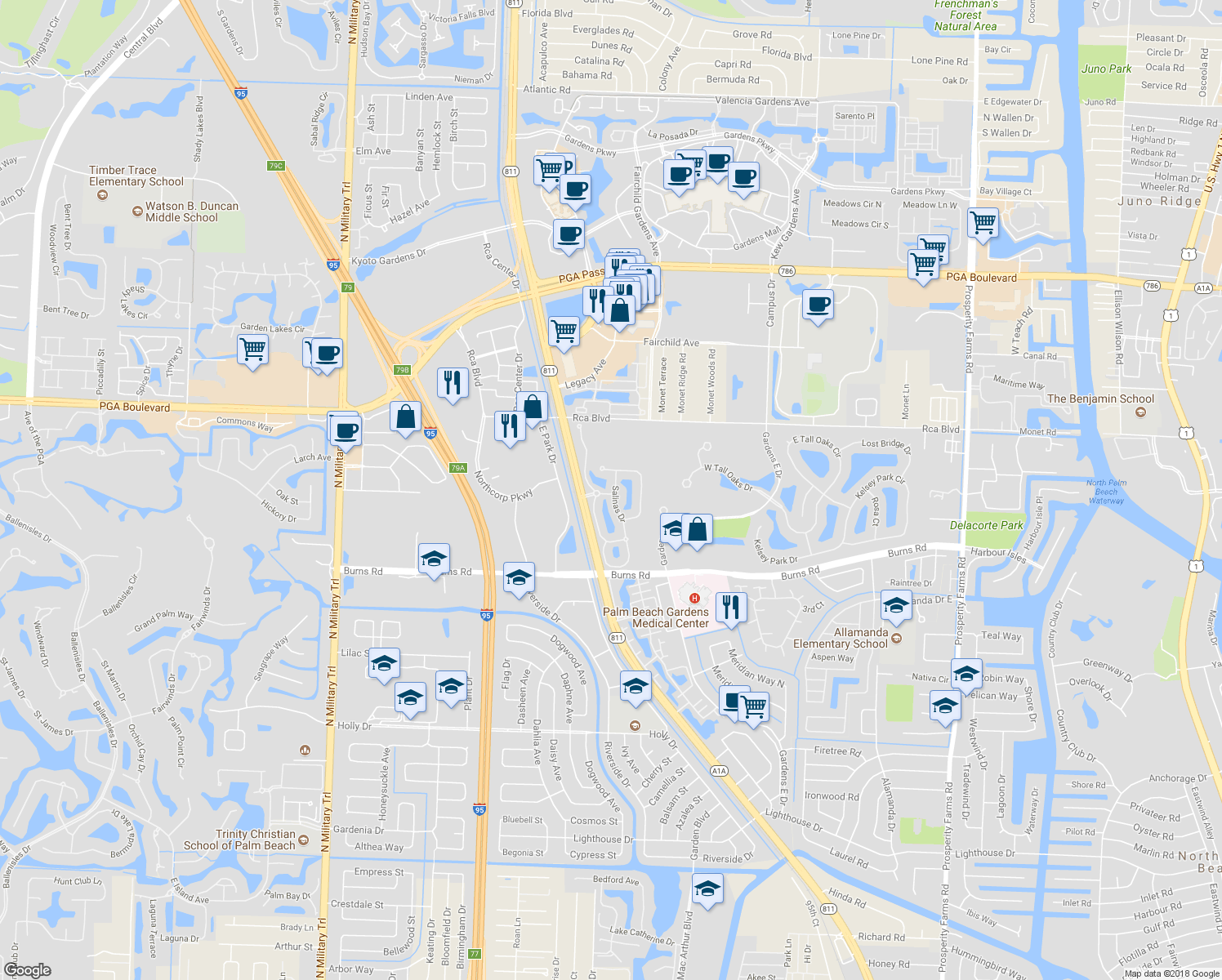 map of restaurants, bars, coffee shops, grocery stores, and more near 355 Salinas Drive in Palm Beach Gardens