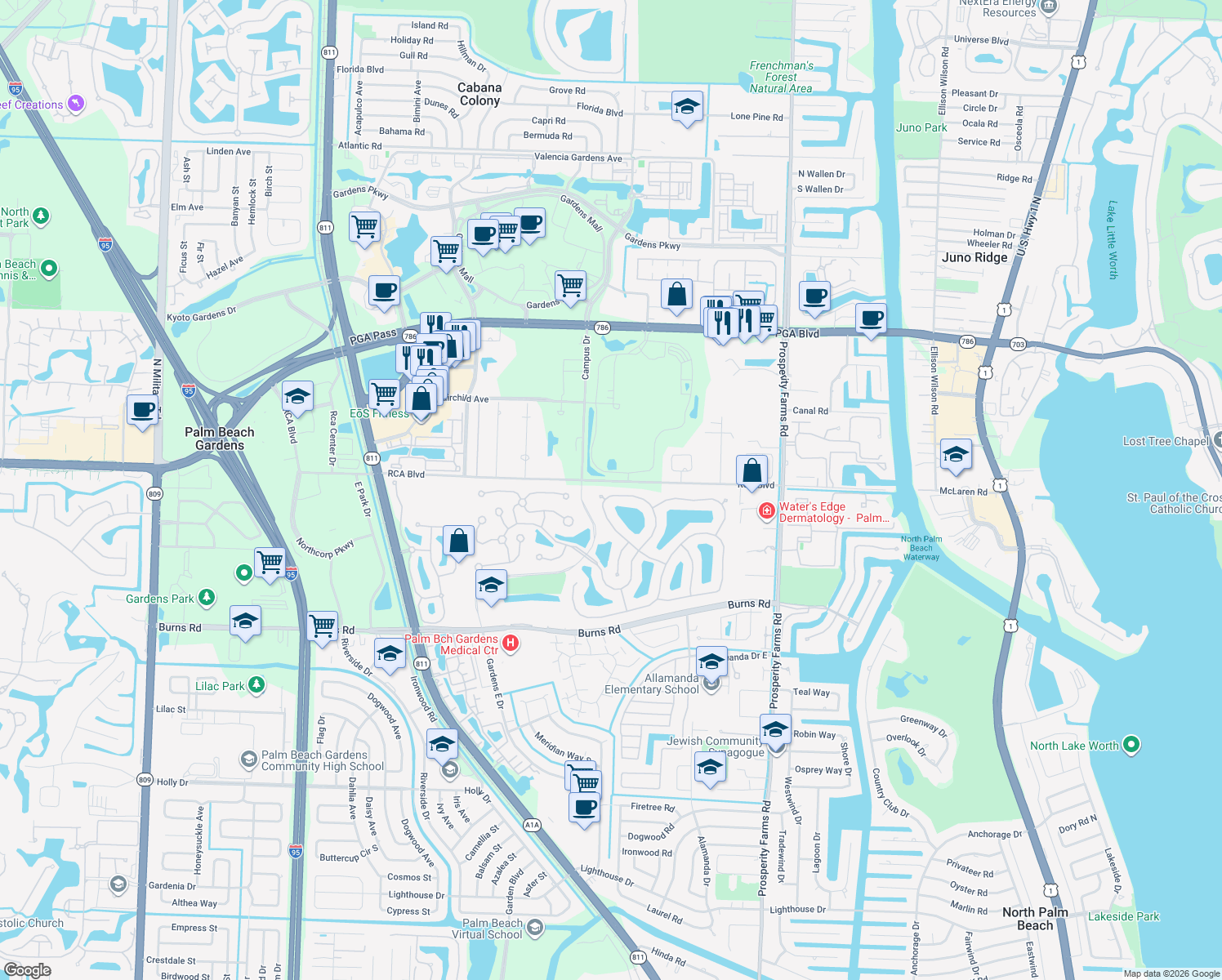 map of restaurants, bars, coffee shops, grocery stores, and more near 199 E Tall Oaks Cir in Palm Beach Gardens