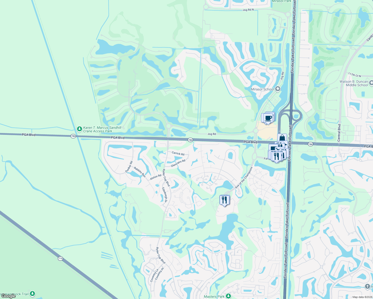 map of restaurants, bars, coffee shops, grocery stores, and more near 21 Glencairn Road in Palm Beach Gardens