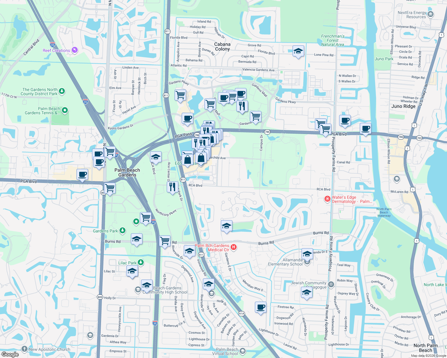 map of restaurants, bars, coffee shops, grocery stores, and more near 11070 Monet Terrace in Palm Beach Gardens