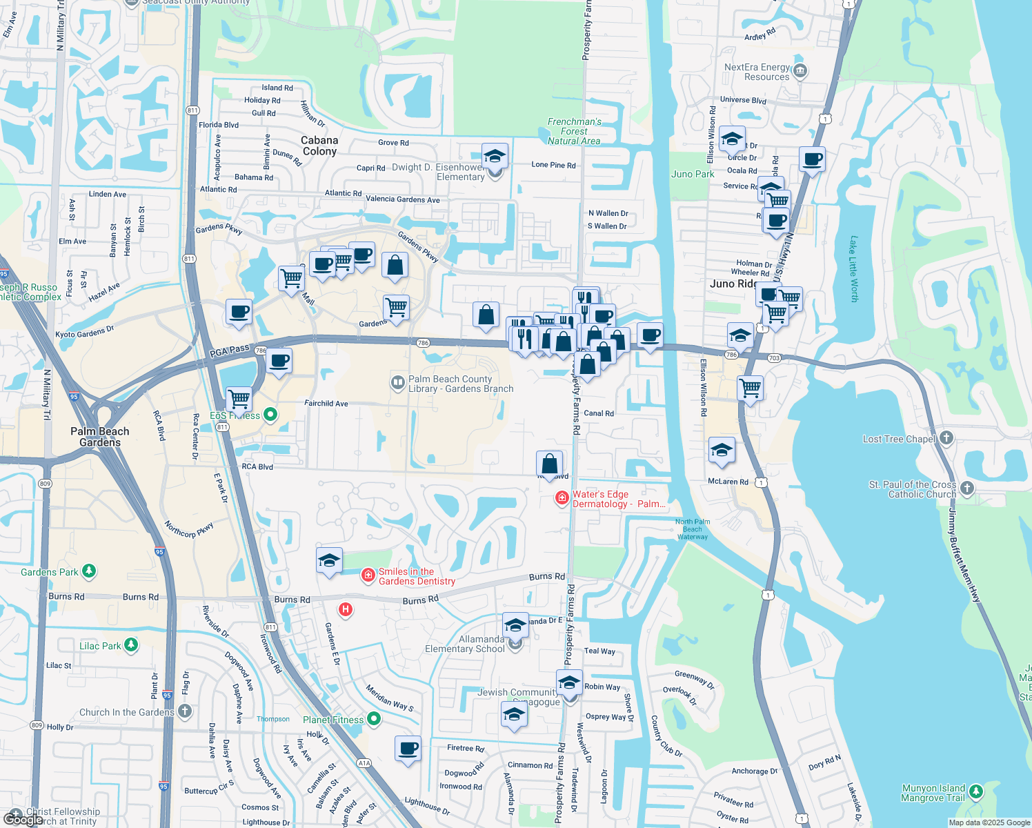 map of restaurants, bars, coffee shops, grocery stores, and more near 11239 Monet Lane in Palm Beach Gardens