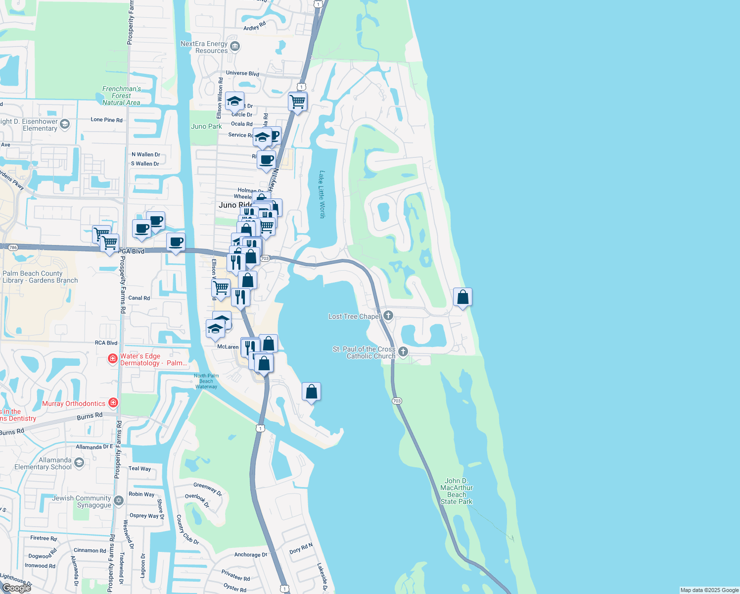 map of restaurants, bars, coffee shops, grocery stores, and more near 11276 Old Harbour Road in North Palm Beach